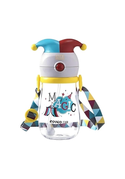 Rovco 350ml Pipetli Eğlenceli Sihirbaz Desenli Ve Şapkalı Akıllı Pipet Toplu Tritan Su Matarası Sarı-kırmızı-mavi