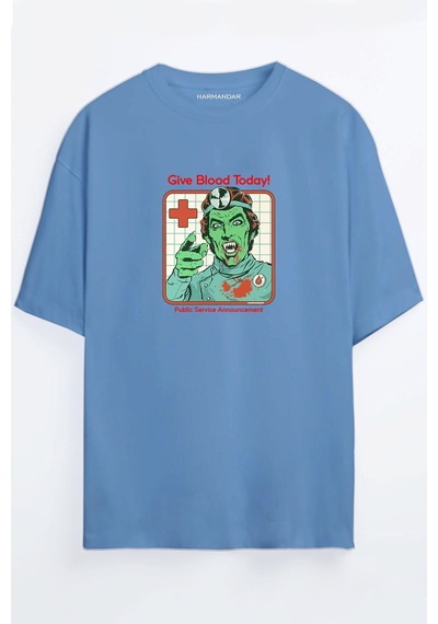 Give Blood Today Vampir Siyah - Beyaz Oversize T-shirt Mavi