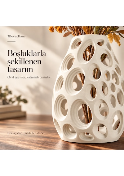 Dekoratif Vazo 20 Cm Oval Delikli Modern Tasarım Kuru Ve Yapay Çiçek Vazosu Krem