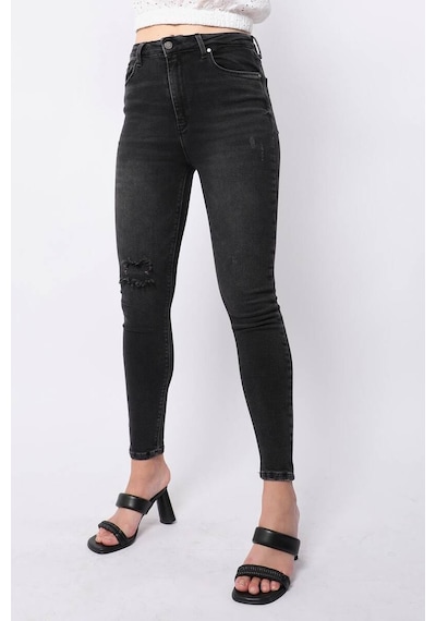 Kadın Antrasit Dizi Yırtık Süper Skinny Fit Jean Pantolon 001