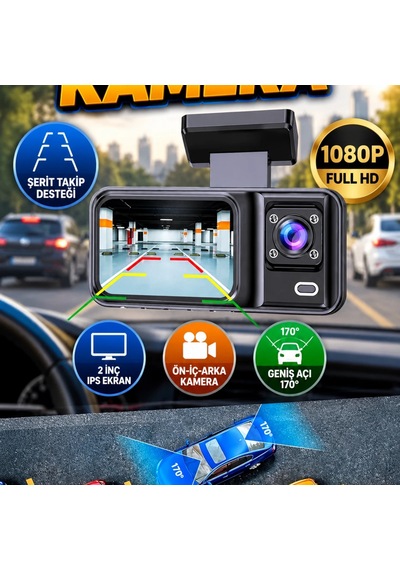 2 İnç Ips Ekranlı 1080p Full Hd Ön İç Arka Kameralı Dvr Araç İçi Kayıt Sistemi