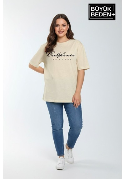 Superlife Süperlife Kadın Büyük Beden El Yazılı California Baskılı 3xl-6xl Bisiklet Yaka Tshırt Spr25btsk510-7 Bej