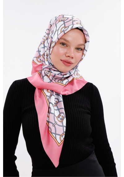 Tarzını Seç Zincir Desenli Pudra Pembe Şifon Saten Eşarp - 100x100 Cm