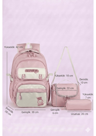 Lisanslı Twill Kumaş Logo Kapaklı Pembe Okul Sırt Çantası,termal Beslenme Çantası Ve Kalemlik