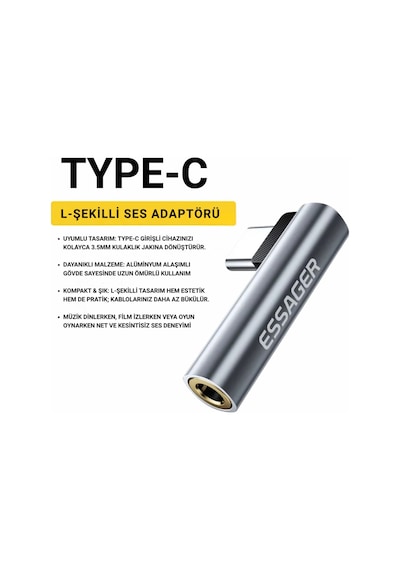 Essager L Tip Type-c To 3.5mm Ses Ve Kulaklık Çıkışı, Hifi Ses Destekli, Telefon, Tablet, Pc Uyumlu Gri