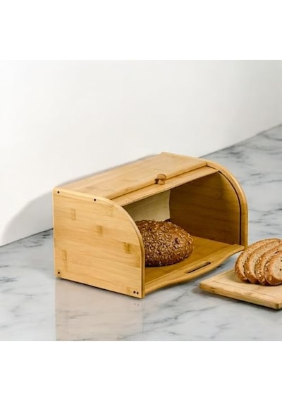 Bambu Lüks Panjur Kapaklı Büyük Ekmek Dolabı, Dolabı, Ekmek Sepeti Sandığı, Ekmeklik, Çok Amaçlı Bambu Kutu Açık Gri