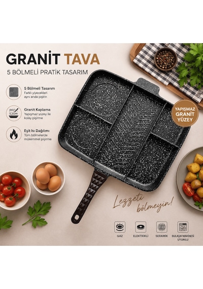 5 Bölmeli Granit Kahvaltılık Tava Bölmeli Pratik Kamp Tavası Yapışmaz Yüzey