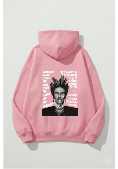 Uyguntarz Unisex Yumuşak Dokulu Frida Kahlo Viva La Vida Baskılı Tasarım Oversize 3 İplik Hoodie Sweatshirt Pembe