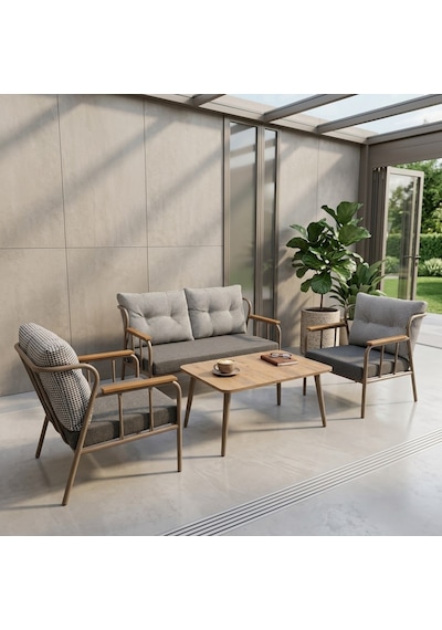 Paris 2+1+1+sehpa Metal Balkon Takımı Keten Dokulu Kumaş Cappuccino Metal - Bahçe Teras Oturma Grubu