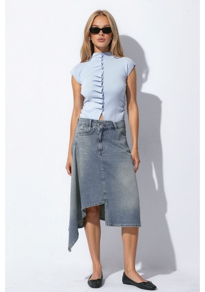 Hiccup Asimetrik Yıkama Efektli Midi Denim Etek Orta Mavi Denim