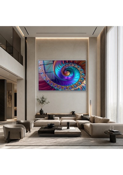 Mor Turkuaz Renkli Spiral Fraktal Kompozisyon Gümüş Çerçeveli Cam Tablo