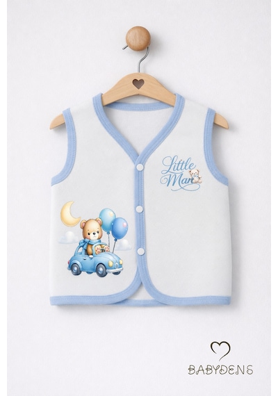 Babyden's Erkek Bebek Yelek Pamuklu Çıtçıtlı Elmas Jakarlı Ayıcık Baskılı Yenidoğan Bebek Yeleği Mevsimlik Ekru