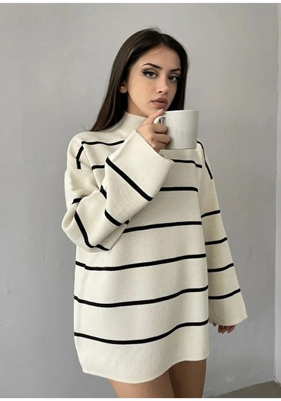 Nimas Kadın Beyaz Oversize Çizgili Yarım Balıkçı Yaka Triko Kazak, Çizgili Kazak Beyaz - 569674398 Beyaz