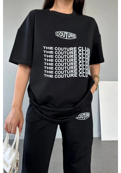 Couture Club T-shirt Eşofman Altı Jogger- Siyah Baskılı Alt Üst Eşofman Takım Oversize Bisiklet Yak Siyah