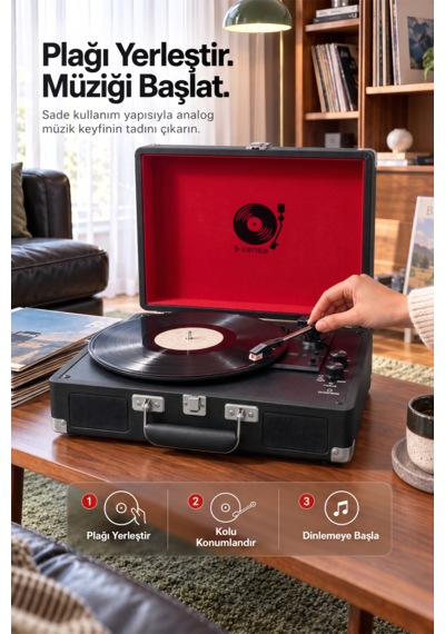 Kensa Bluetooth Lu Nostaljik Çantalı Pikap 33/45/78 Devir Dahili Bataryalı Plak Çalar Siyah
