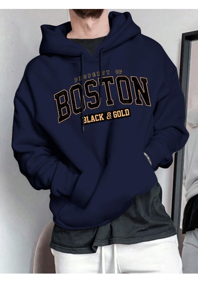 Uyguntarz Unisex Boston Baskılı Oversize Sweatshirt Lacivert