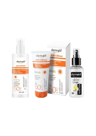 Dermokil Çok Yönlü Yüksek Koruyucu Güneş Spreyi SPF50+ 200 ML + Güneş Kremi SPF50+ 75 ML + Limon Kolonyası Sprey 100 ML
