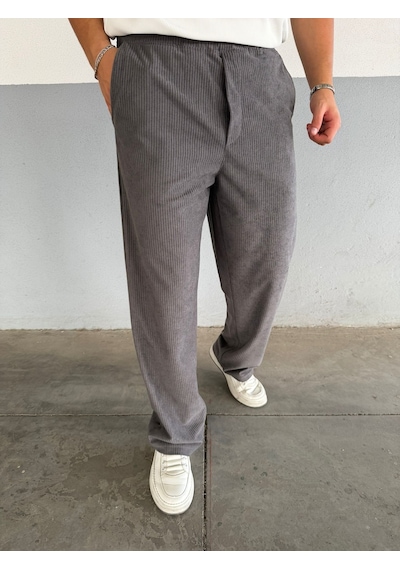 Mass Plus Slimfit Yakalı Astarlı Yan Cep Baggy Pantolonlu Kadife Takım Gri