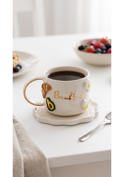 Breakfast El Yapımı Seramik Kahve Kupası 24k Altın Detaylı Çok Renkli