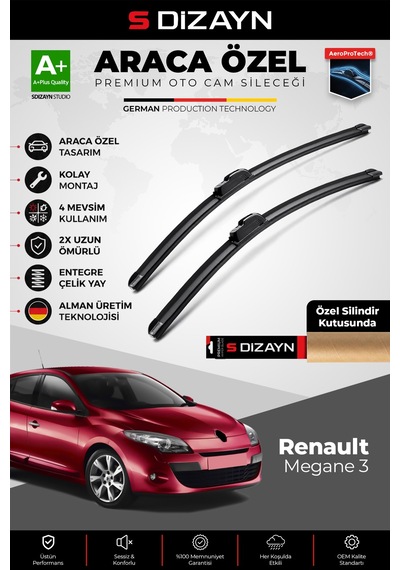 S-dizayn Renault Megane 3 Ön Cam Silecek Seti 2009-2016 Premium Araca Özel 60-40 Cm A+ Kalite