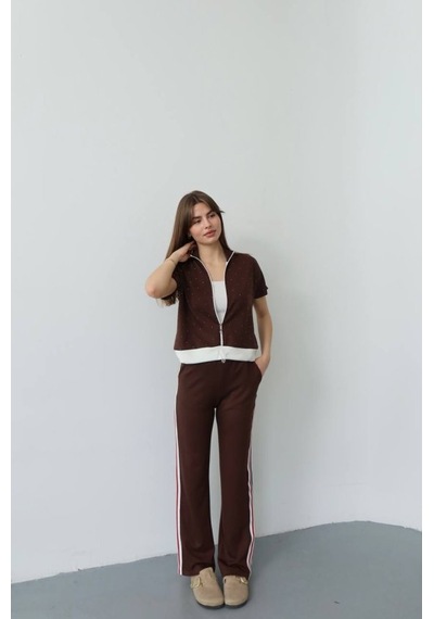 Etiler Collection Kadın Fermuarlı Taş Ve Şerit Detaylı Ikili Takım Kahverengi