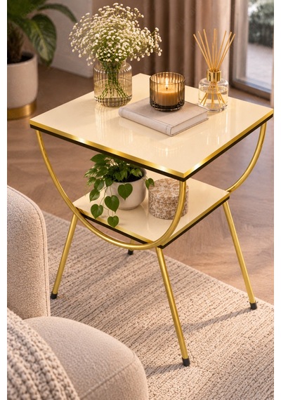 Sulorahome Yan Sehpa Komodin Gold Ve Krem Renkli İki Katlı Tasarım Altın - Krem