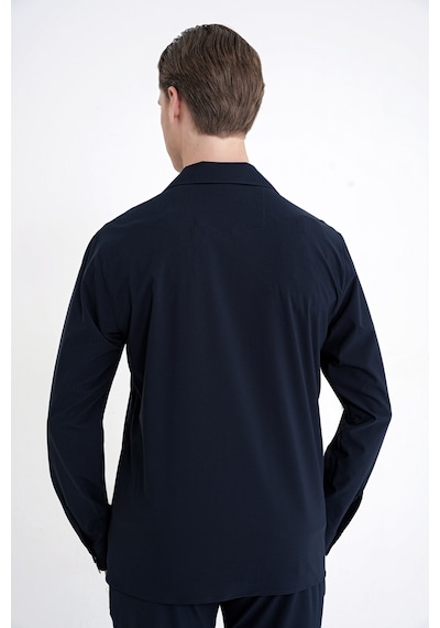 Comfort Fit Apaş Yaka Doku Desenli %100 Pamuk Lacivert Gömlek Ceket G 1601