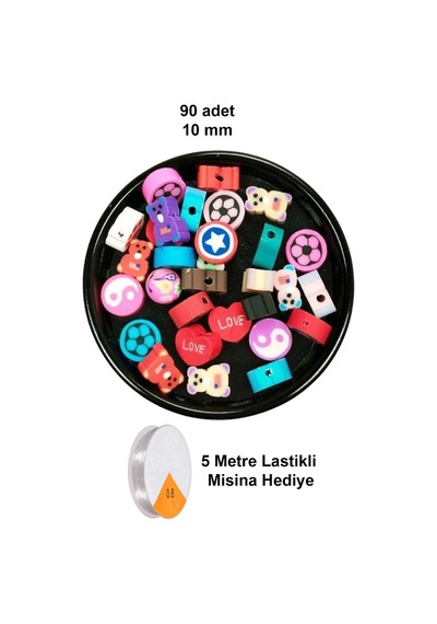 90 Adet 10 Mm Polimer Kil Fimo Boncuk Takı Bileklik + 5 Metre Lastikli Misina Hediye - Karışık Renkli