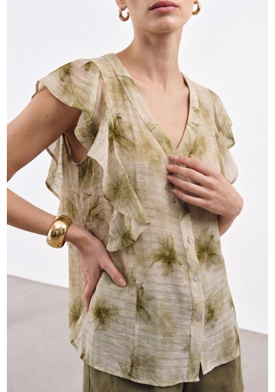 Sateen Fırfır Detaylı Gömlek - Haki-137362