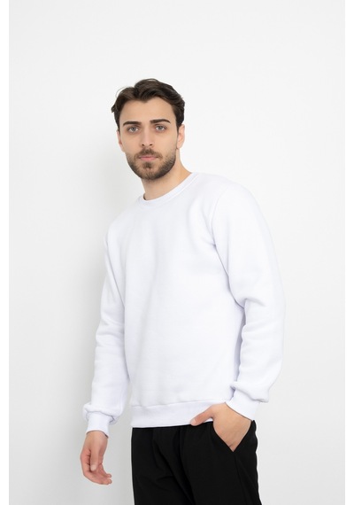 Dasüniforma Basic Baskısız 3 İplik Unisex Cepsiz Düz Sweatshirt Yuvarlak Yaka Sweat Beyaz