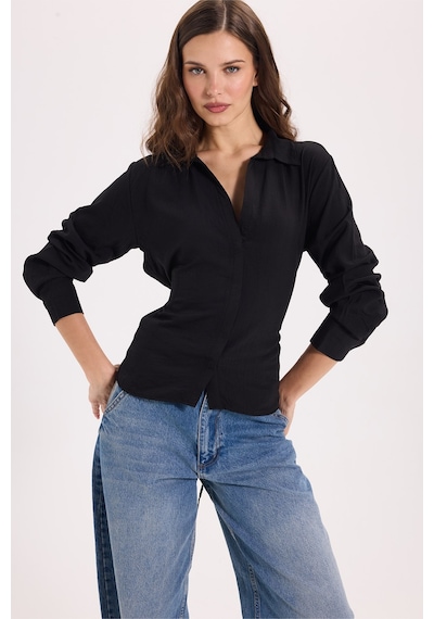Tudors Kadın Slim Fit Dar Kesim Bel Ve Sırt Bağlamalı Siyah Gömlek-52080