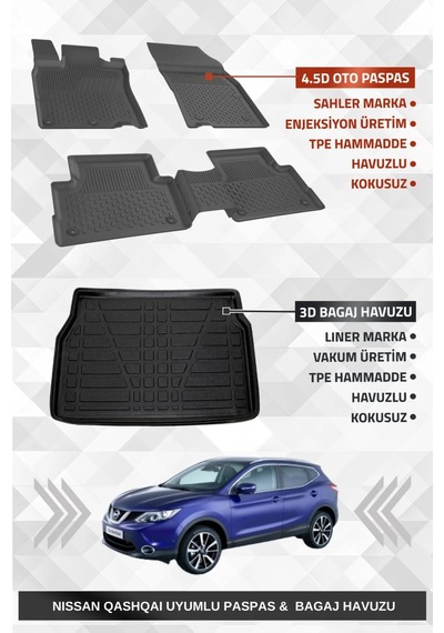 Sahler Nıssan Qashqai Tekna 2014-2021 Uyumlu 4.5d Premium Havuzlu Oto Paspas Ve Liner Marka 3d Bagaj