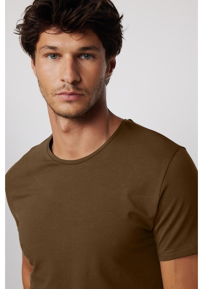 Tudors Erkek Slim Fit Dar Kesim Pamuklu Yumuşak Doku Likralı Esnek Kumaş Kahverengi Bisiklet Yaka Tişört-35592 Kahverengi