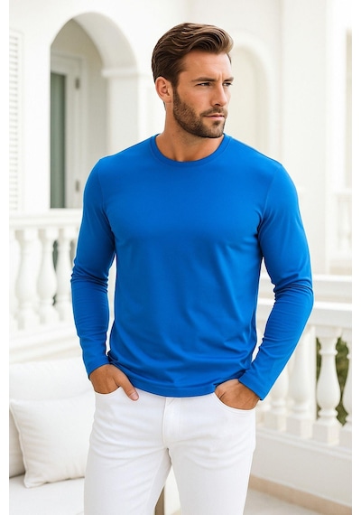 Rich Erkek Uzun Kollu Bisiklet Yaka Tişört - %100 Pamuk Basic Relaxed T-shirt Mavi
