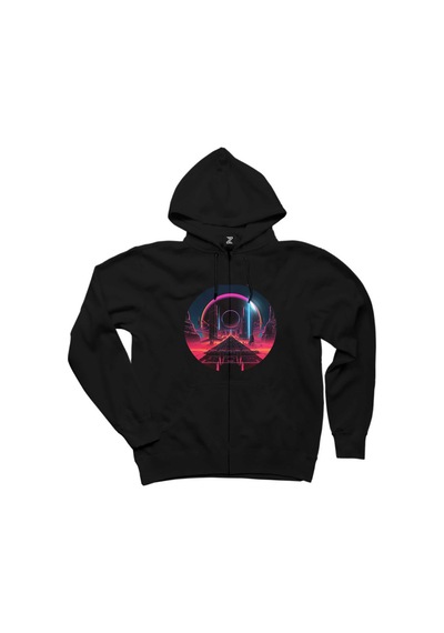 Techno Album World Siyah Fermuarlı Kapşonlu Sweatshirt