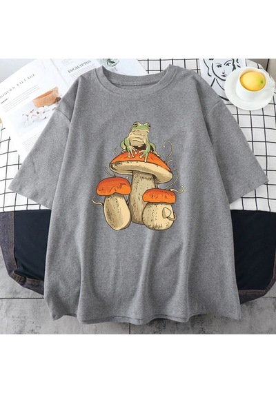 Flood Of Style Erkek Gri Mantar Baskılı Oversize Bisiklet Yaka Tshirt