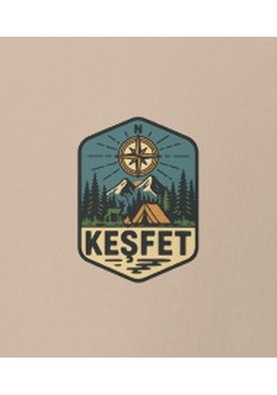 Wildstyle Keşfet Renkli Vintage Dağ Doğa Macera Kamp Rozet Baskılı Unisex Bisiklet Yaka Pamuklu Tişört Camel
