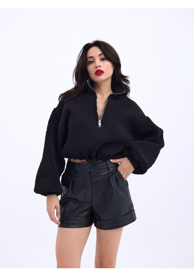 Fashion Friends Peluş Tiftik Kollu Kalın Kışlık Sıcacık Bel Lastikli Kısa Krop Sweat Siyah Fashion Friends Peluş Tiftik Kollu Kalın Kışlık Sıcacık Bel Lastikli Kısa Krop Sweat Siyah