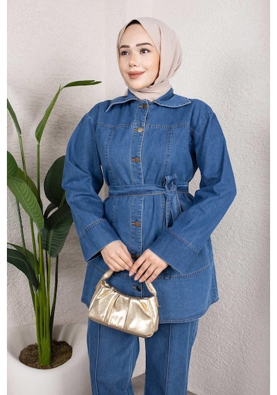 Misskayle Kuşaklı Düğmeli Denim Takım Rahat Kesim İkili Kombin Açık Mavi Açık