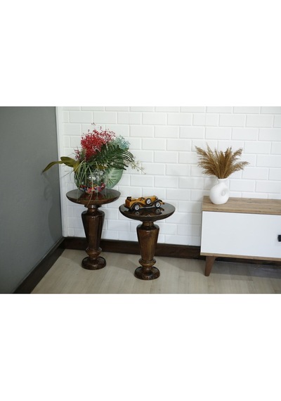Wood Wooden Ahşap 2'li Ceviz Renk Fitilli Mantar Yan Sehpa Modern Fiskos / Çiçeklik / Zigon Sehpa Ceviz