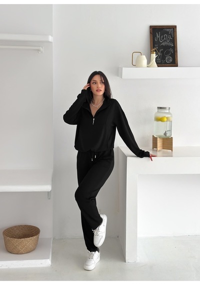 Gugus Kadın Yarım Fermuarlı Model Beli Lastikli Dar Paça Eşofman Takımı Siyah