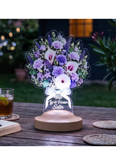 Mor Zambak Ve Lavanta Işıklı Çiçek Buketi Led Lamba - İsimli Sevgiliye, Kadına Solmayan Çiçek Hediye Zambak Ve Lavanta Buketi