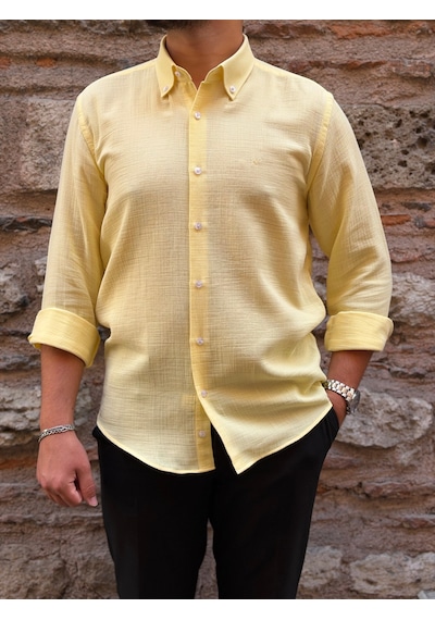 Slim Fit Uzun Kol Müslin Pamuk Rahat Nefes Alabilen Kumaştan Yaka Düğmeli Hediye Kutulu Erkek Gömlek Fs-004202 - Sarı-3367