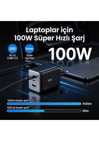 Bix Bx3p102g 100w Usb-c Usb-a 3 Portlu Gan Şarj Aleti Telefon Laptop İçin Pd 3.0 Hızlı Şarj Cihazı Koyu Gri
