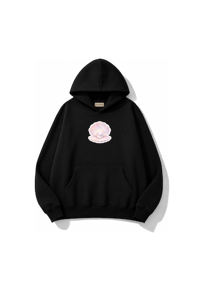 Herkesemoda İnci Baskılı Kapüşonlu 2 İplik Şardonlu Sweatshirt Siyah