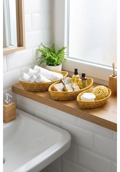 Kayık Formlu Plastik Rattan Sepet Seti, Hasır Görünümlü, Ekmek Meyve Sunum Sepetleri, 3 Parça, Çok Amaçlı Organizer, 27x15x5 Cm, 30x18x5 Cm, 33x20x5 Cm