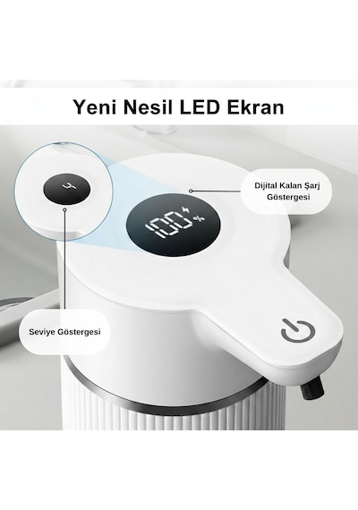 Otomatik Sensörlü Köpük Sıvı Sabunluk - Şarjlı- Dijital Led Ekran - Duvara Monte - E15 Model B Beyaz