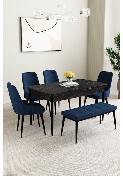 Mabel Siyah Mermer Desen 80x132 Açılabilir Yemek Odası Takımı 4 Sandalye, 1 Bench Lacivert Mabel Siyah Mermer Desen 80x132 Açılabilir Yemek Odası Takımı 4 Sandalye, 1 Bench Lacivert