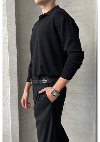 Erkek Pamuklu Polo Yaka Oversize Triko Kazak Siyah