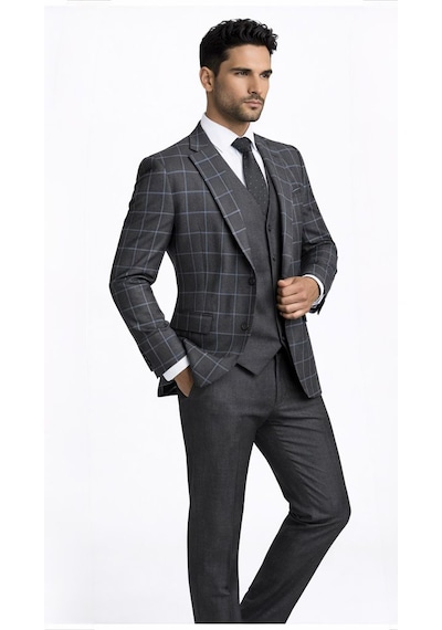Fabio Cassel Slim Fit Mono Yaka Çift Yırtmaçlı Astarlı Takım Elbise Yelekli Gri